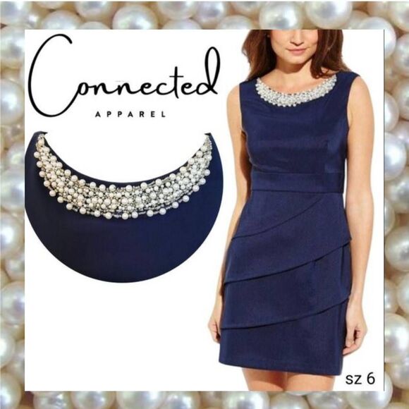 Connected Apparel Blue Tiered Pearl &  Jewels Embellished Dress - Picture 1 of 12